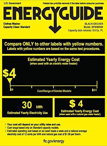 BLACK DECKER Portable Washer 0.9 Cu Ft 5 Cycles Top Load BPWM09W