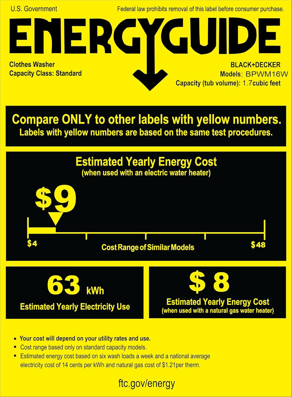 BLACK DECKER Portable Washer 0.9 Cu Ft 5 Cycles Top Load BPWM09W