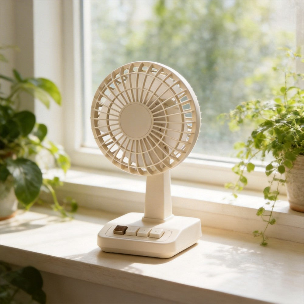 RetroVibe Vintage Desktop Fan - with Piano-Key Buttons & 5 Speeds (Cream Beige / Olive Green)