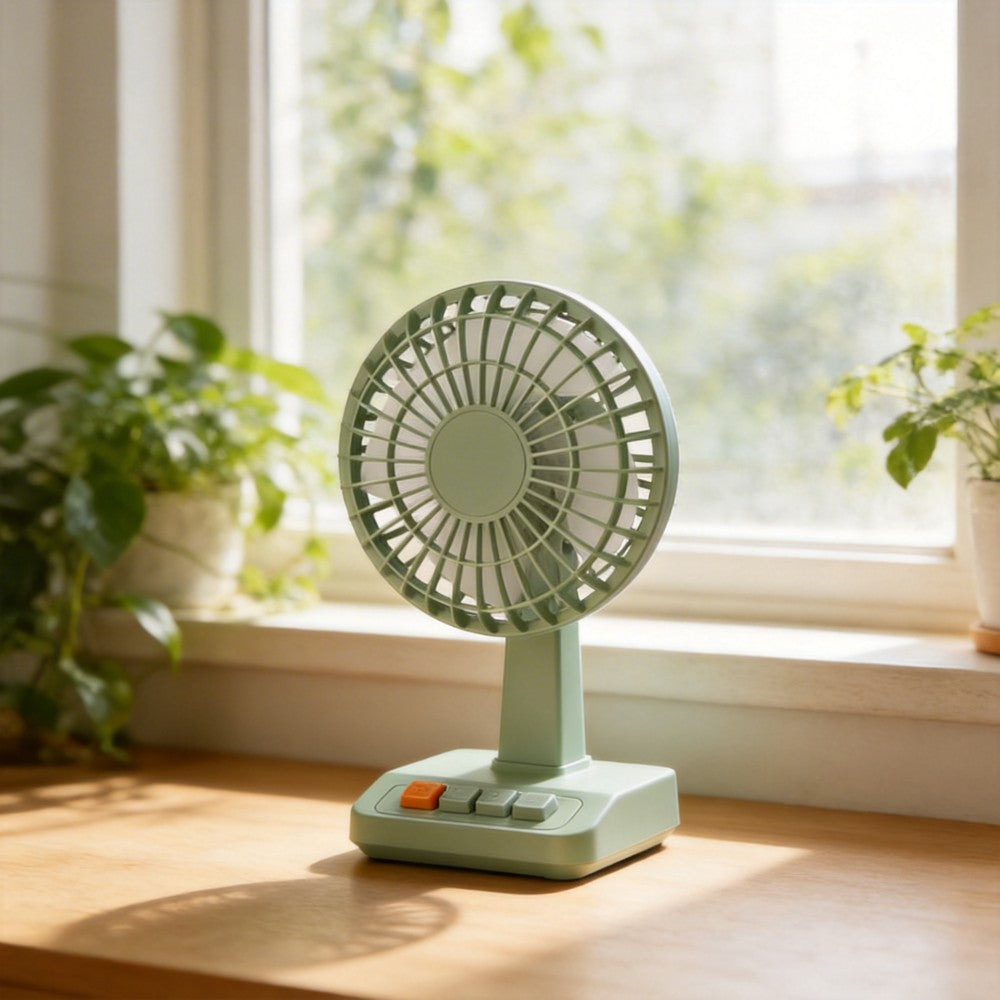 RetroVibe Vintage Desktop Fan - with Piano-Key Buttons & 5 Speeds (Cream Beige / Olive Green)