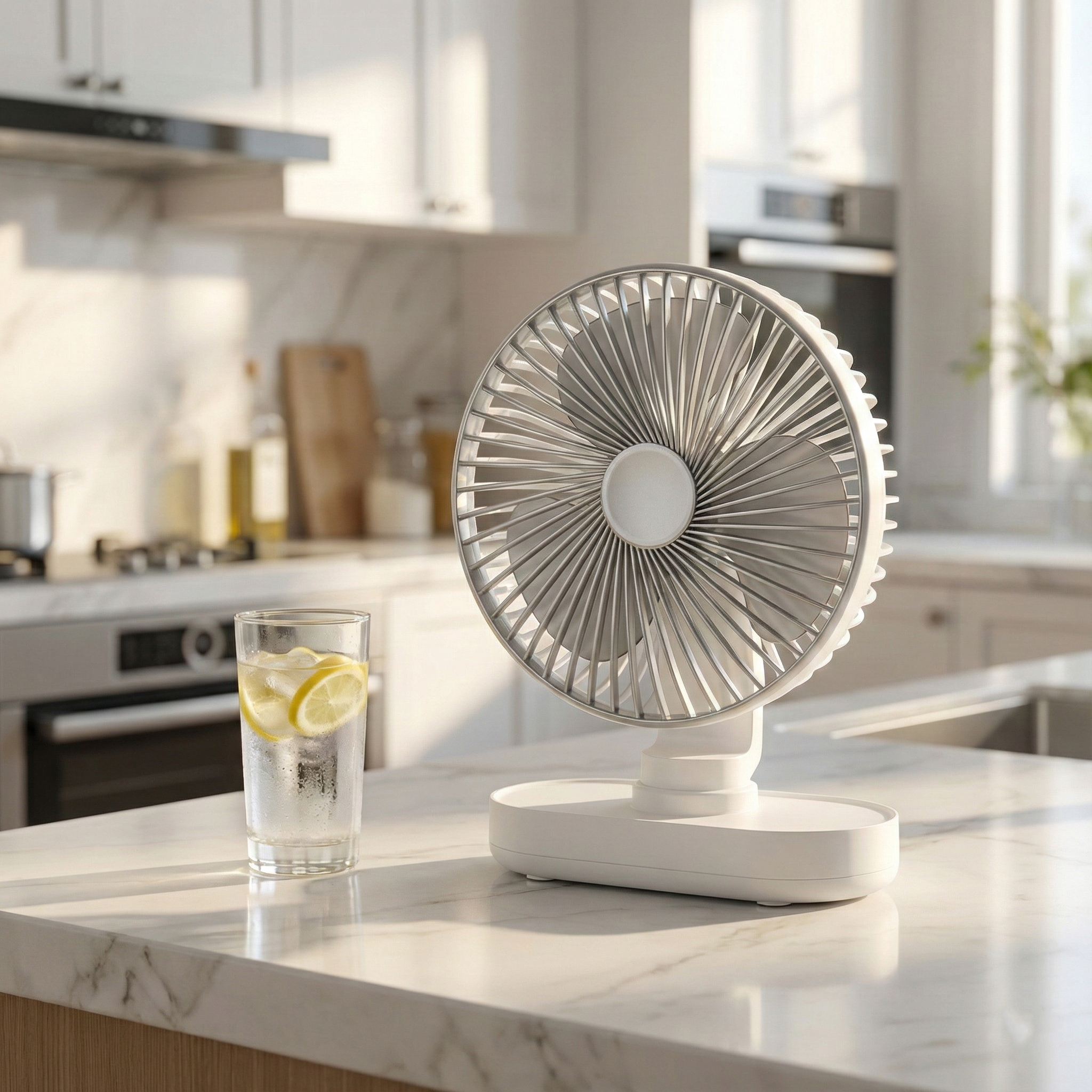 White desk fan on a kitchen counter with a glass of lemon water.