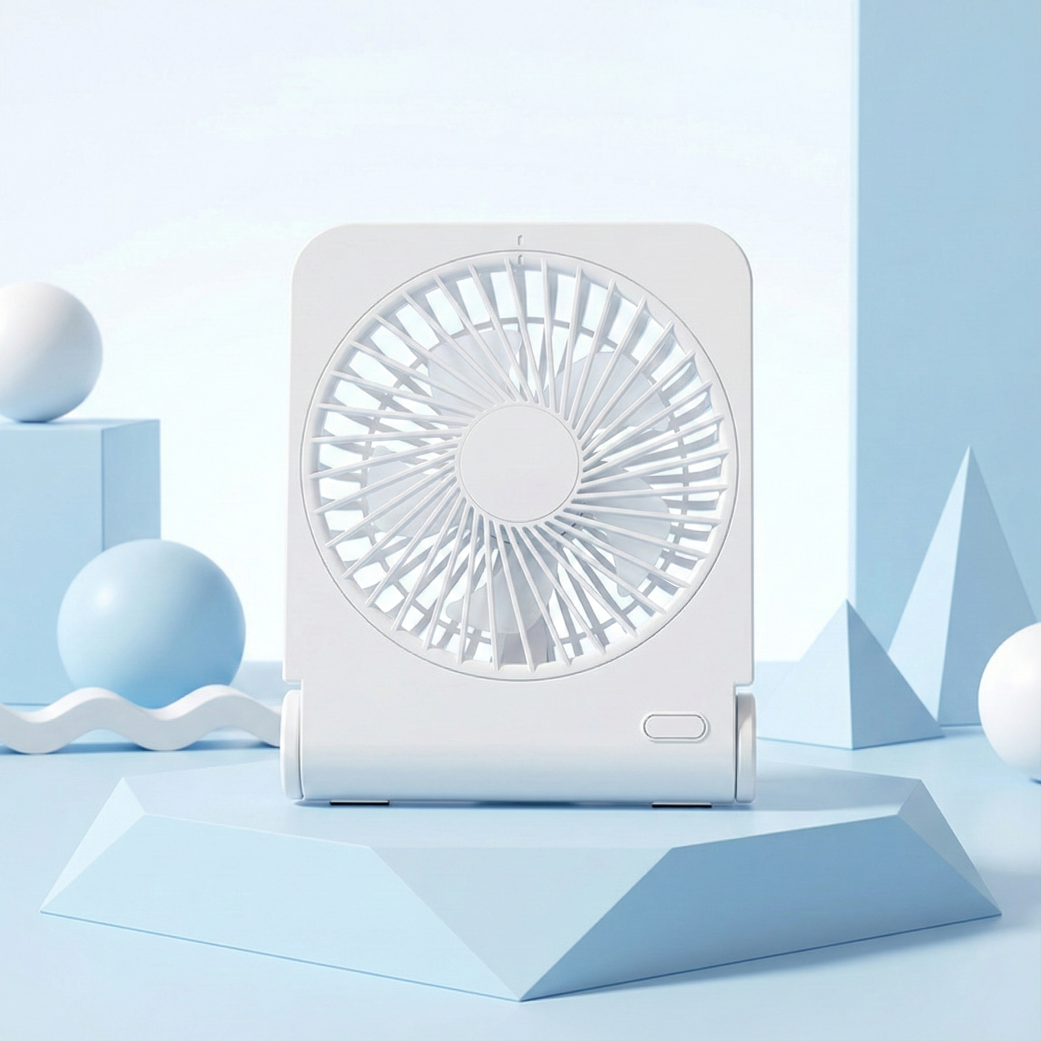 White portable fan on a light blue geometric background