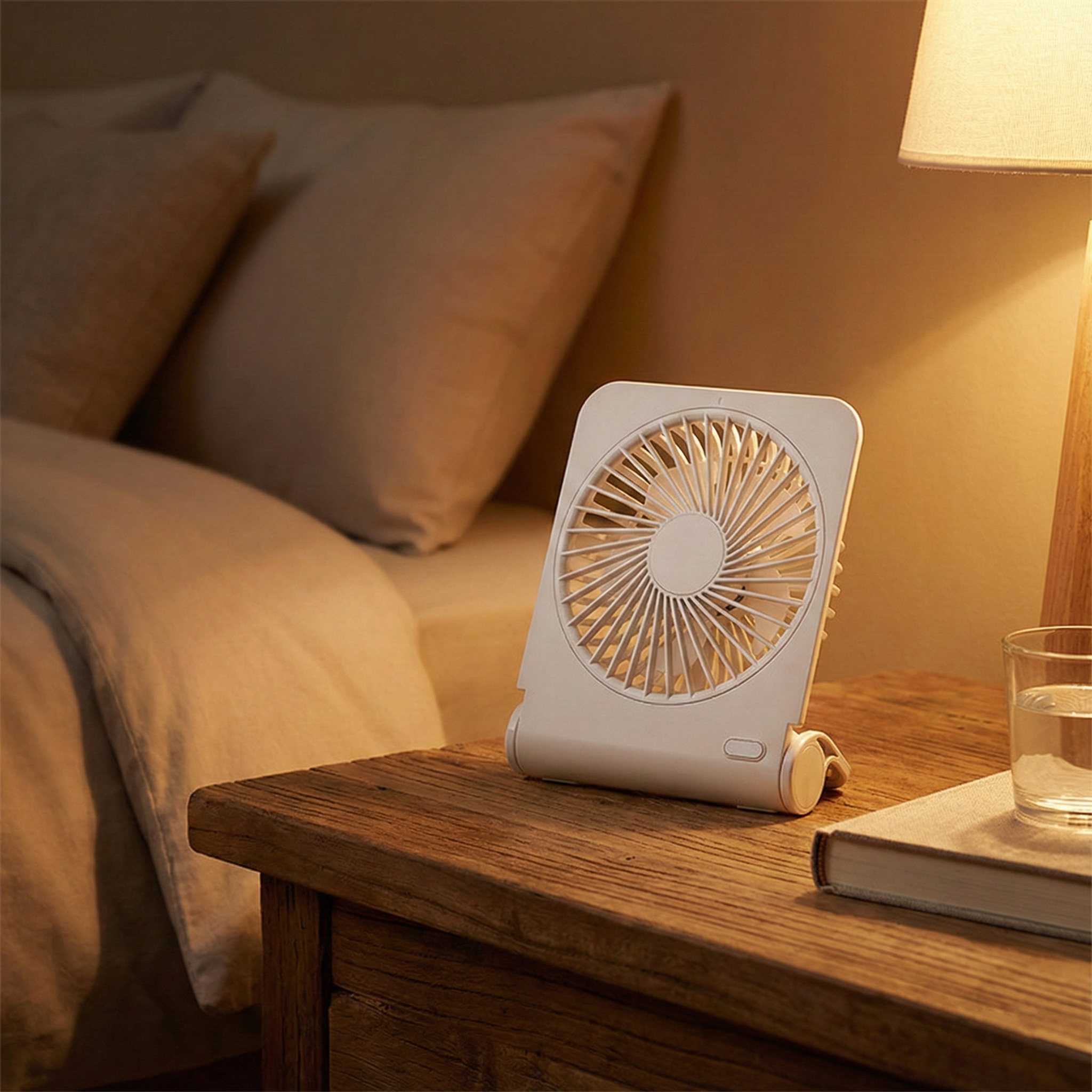 Portable fan on a wooden nightstand next to a bed in a bedroom setting