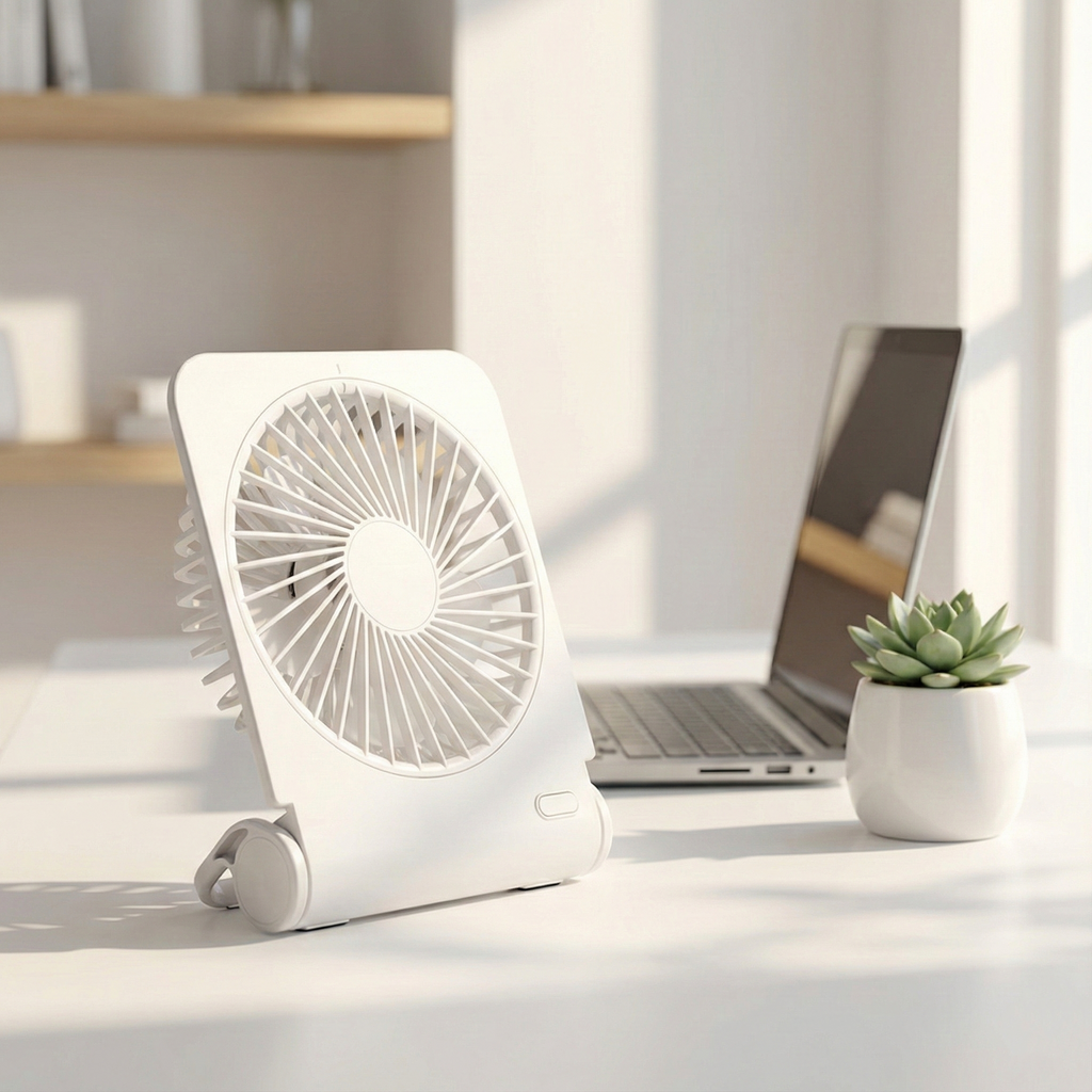 White portable fan on a desk with a laptop and plant in the background