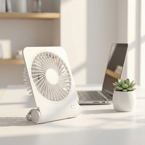 White portable fan on a desk with a laptop and plant in the background