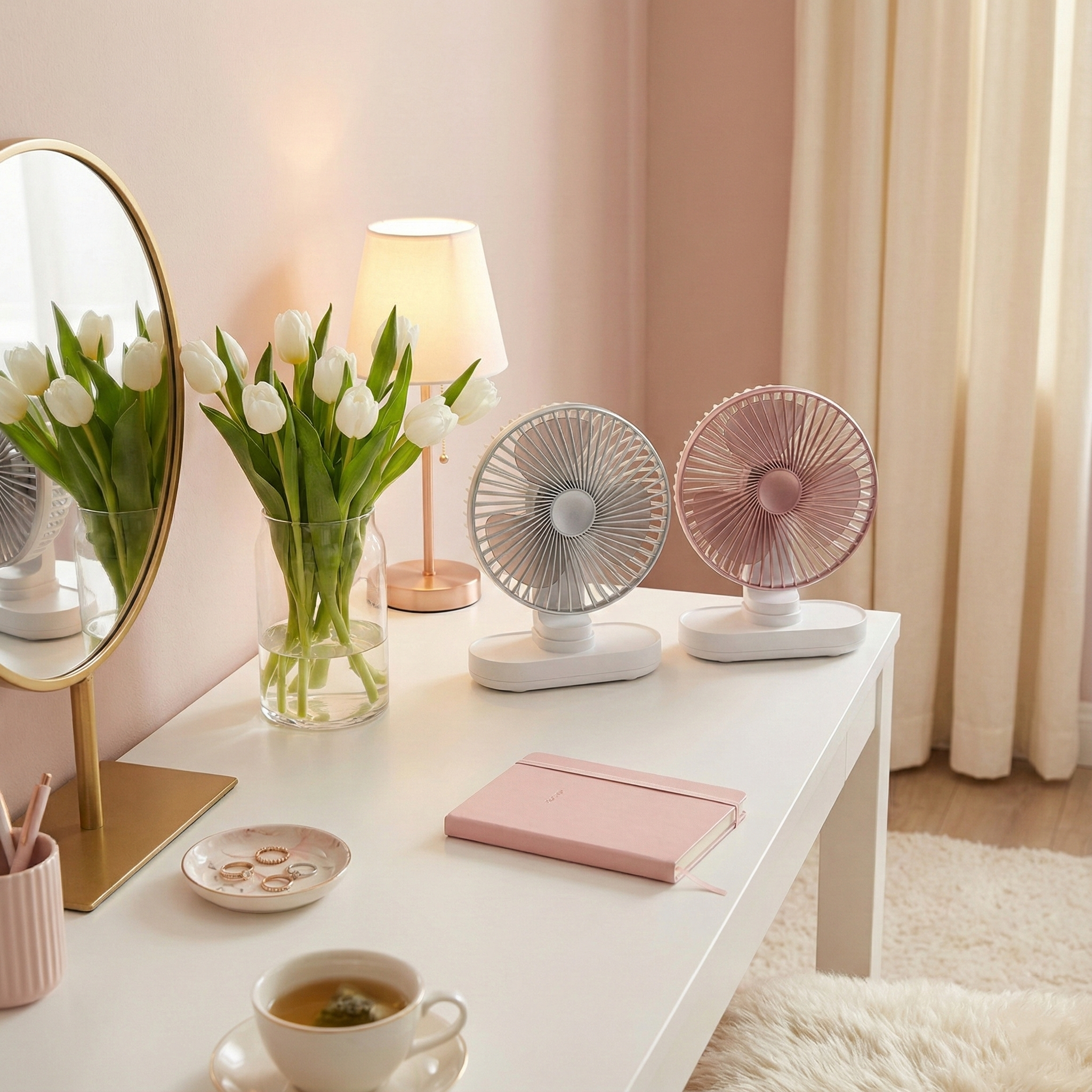Rose gold portable rechargeable fan front view on white background