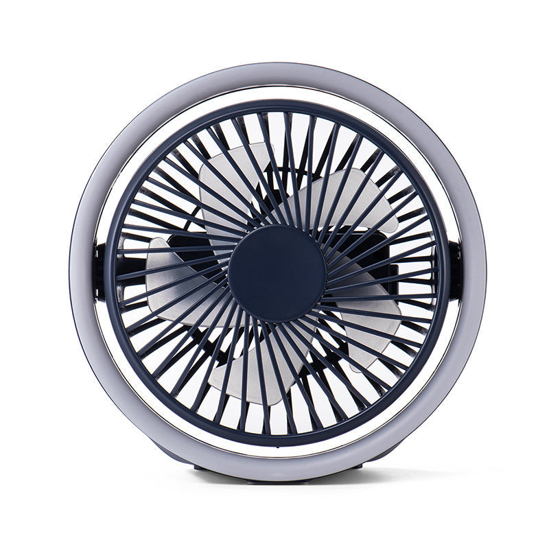 Portable fan with blue blades and silver frame on a white background